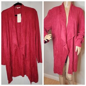 NWT Solitaire Faux Suede Red Cardigan Stretch Open Front Drape Size XL
